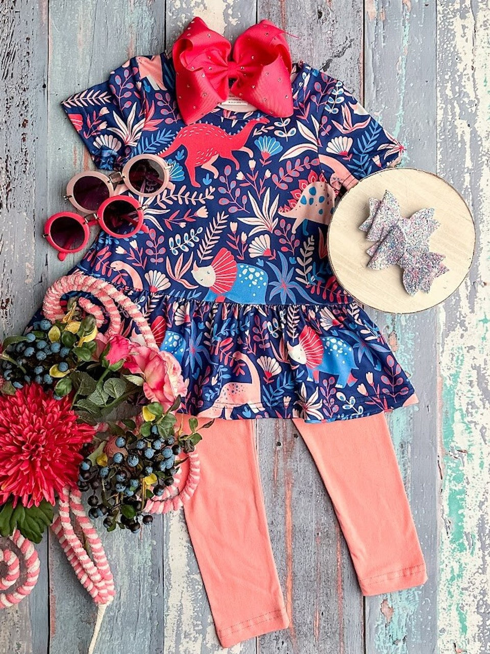 (Custom Design Preorder MOQ 5) Dino Flowers Tunic Top Pink Legging Pants Girls Clothes Set