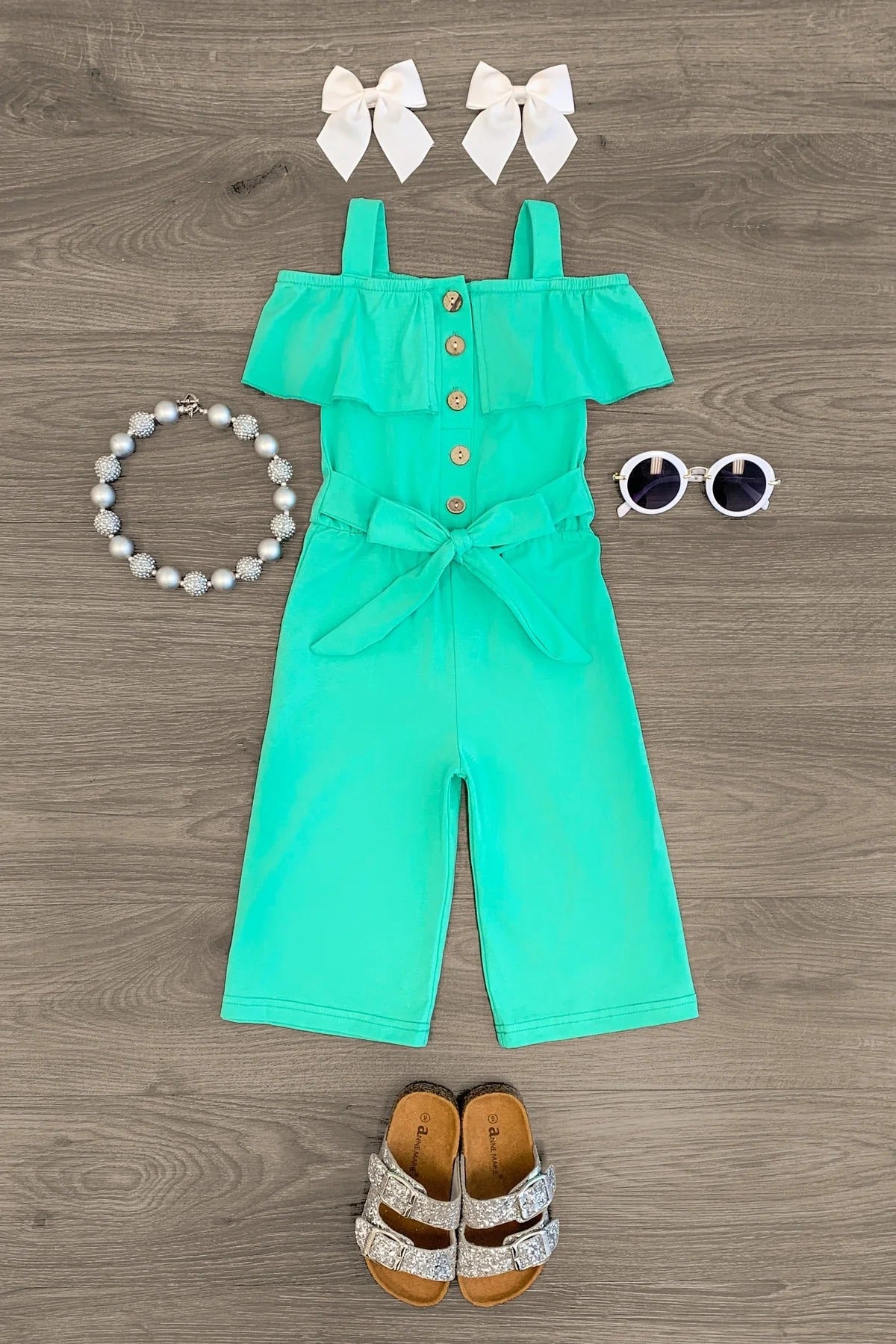 (Custom Design Preorder MOQ 5) Green Color Buttons Girls Summer Jumpsuits