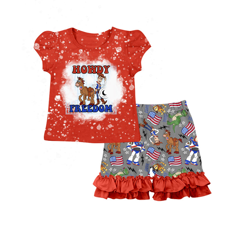 (Custom Design Preorder MOQ 5) Howdy Freedom Cartoon Toys Print Girls 4th of July Clothes Set