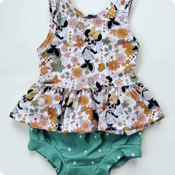 (Custom Design Preorder MOQ 5) Cartoon Mouse Flowers Top Dots Shorts Baby Girls Summer Bummie Sets