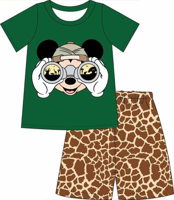 (Custom Design Preorder MOQ 5) Cartoon Mouse Green Top Giraffe Pattern Shorts Boys Summer Clothes Set