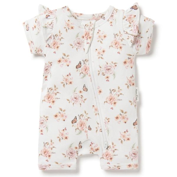 (Custom Design Preorder MOQ 5) Butterfly Flowers Print Baby Girls Summer Zipper Romper