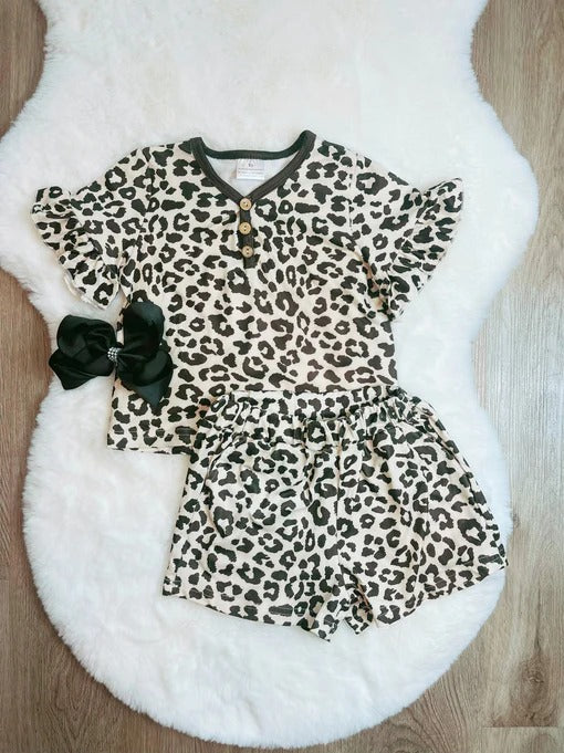 (Custom Design Preorder MOQ 5) Leopard Print Girls Summer Pajamas Clothes Set