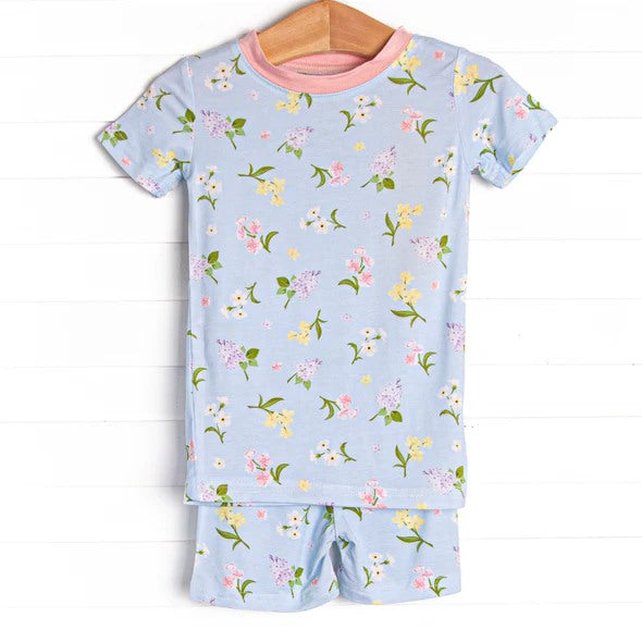 (Custom Design Preorder MOQ 5) Flowers Blue Print Girls Summer Pajamas Clothes Set