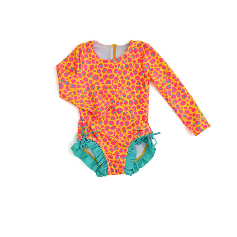 (Custom Design Preorder MOQ 5) Orange Pink Leopard Print Girls 1 Piece Long Sleeve Swimsuits