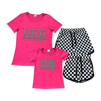 MAMA & MINI Vinyl Hot Pink Top Black Plaid Shorts Mom and Me Matching Summer Clothes Set
