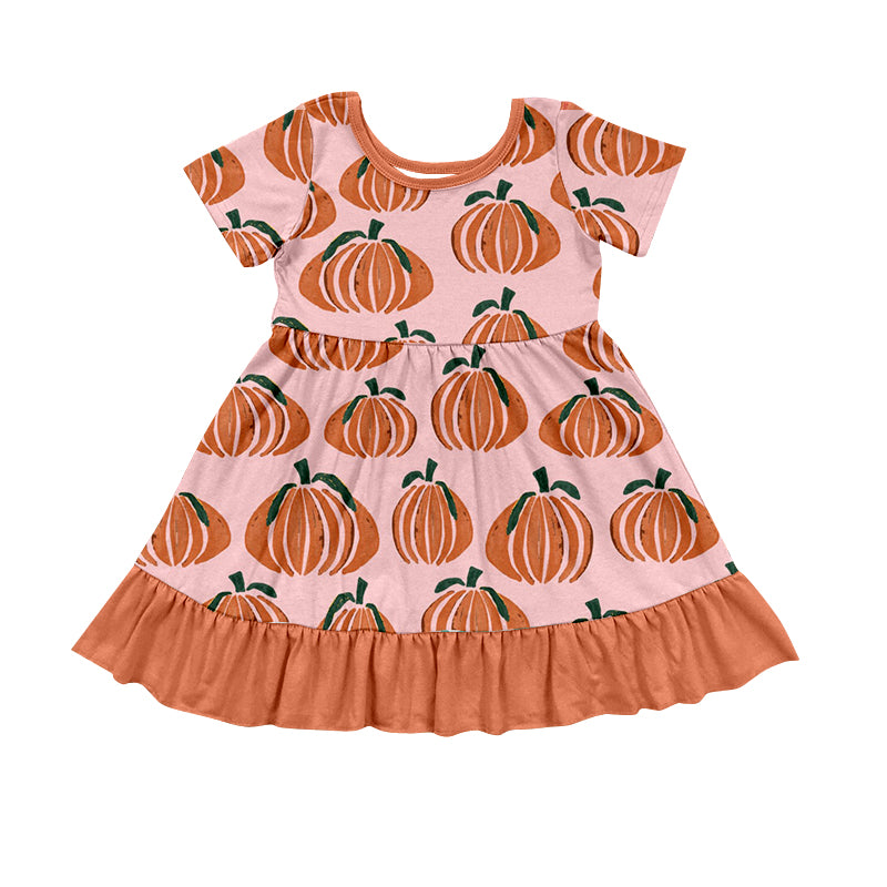 (Custom Design Preorder MOQ 5) Pumpkin Print Girls Knee Length Fall Dress
