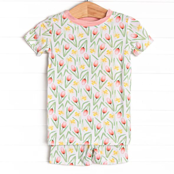 (Custom Design Preorder MOQ 5) Flowers Print Girls Summer Pajamas Clothes Set