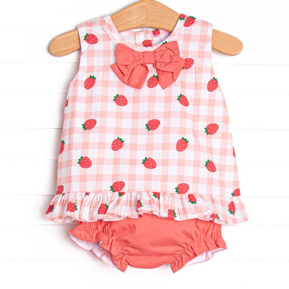 (Custom Design Preorder MOQ 5) Strawberry Print Baby Girls Summer Bummie Sets