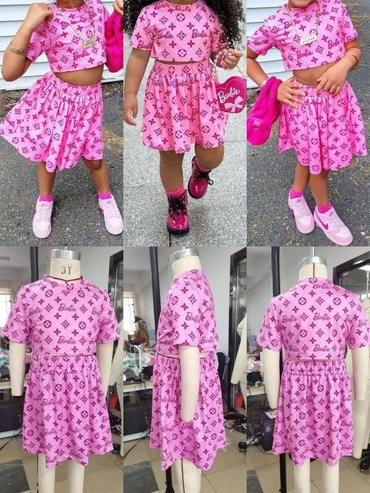 (Custom Design Preorder MOQ 5) Pink BA Print Skirts Girls Summer Clothes Set