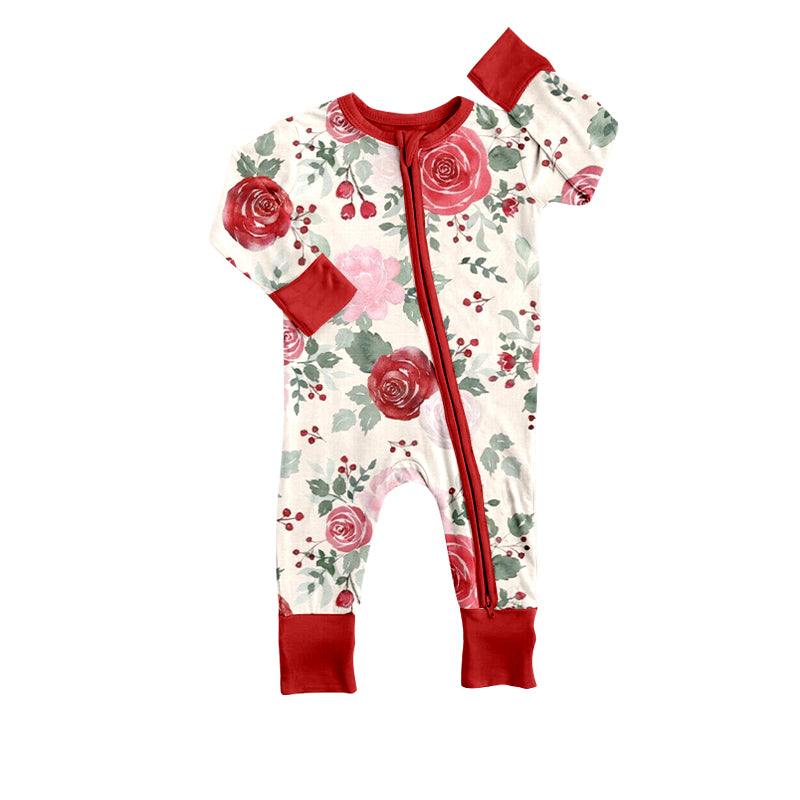 (Custom Design Preorder MOQ 5) Christmas Flowers Holly Print Baby Girls Sleeper Zipper Romper