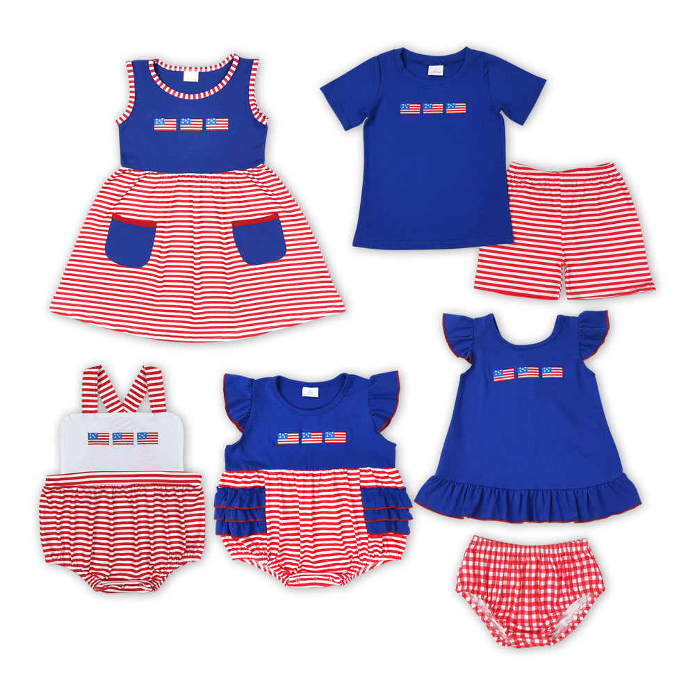 Flags Embroidery Red Stripes Print Sibling 4th of July Matching Clothes