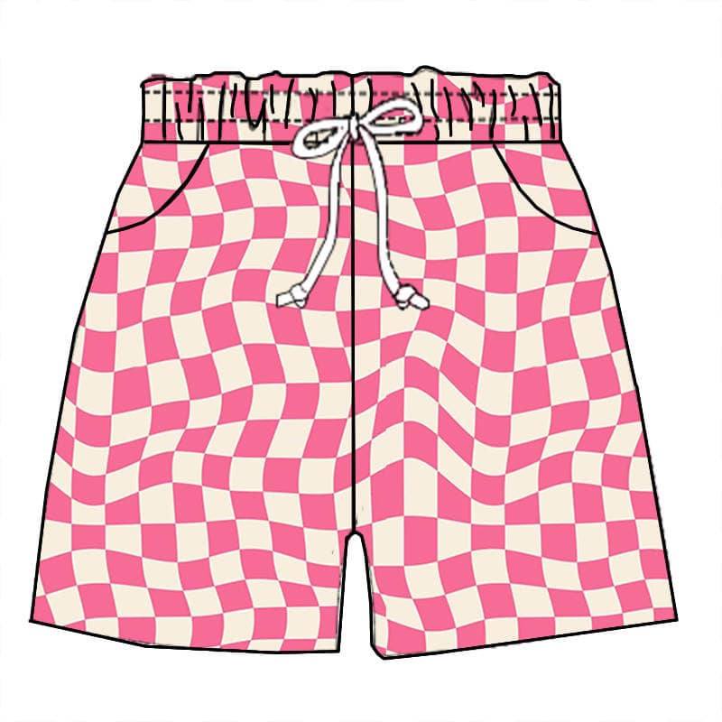 (Custom Design Preorder MOQ 5) Pink Plaid Print Kids Summer Shorts