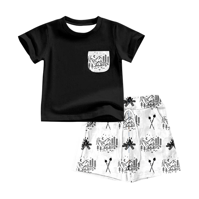 (Custom Design Preorder MOQ 5) Black Pocket Top Camper Shorts Boys Summer Clothes Set
