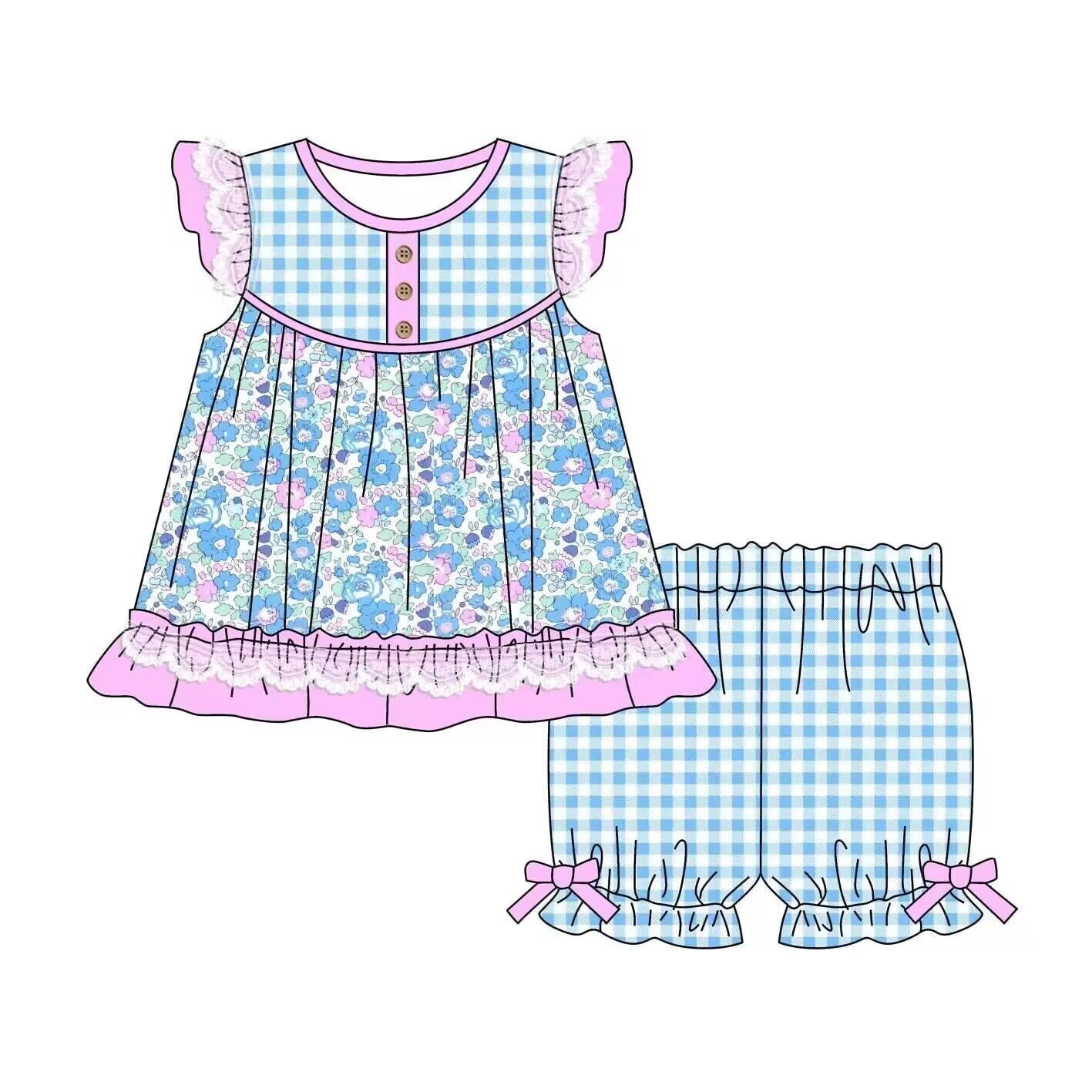 (Custom Design Preorder MOQ 5) Flowers Tunic Top Blue Plaid Shorts Girls Summer Clothes Set