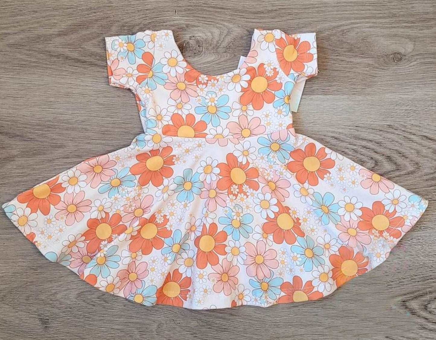 (Custom Design Preorder MOQ 5) Orange Flowers Print Girls Knee Length Dress