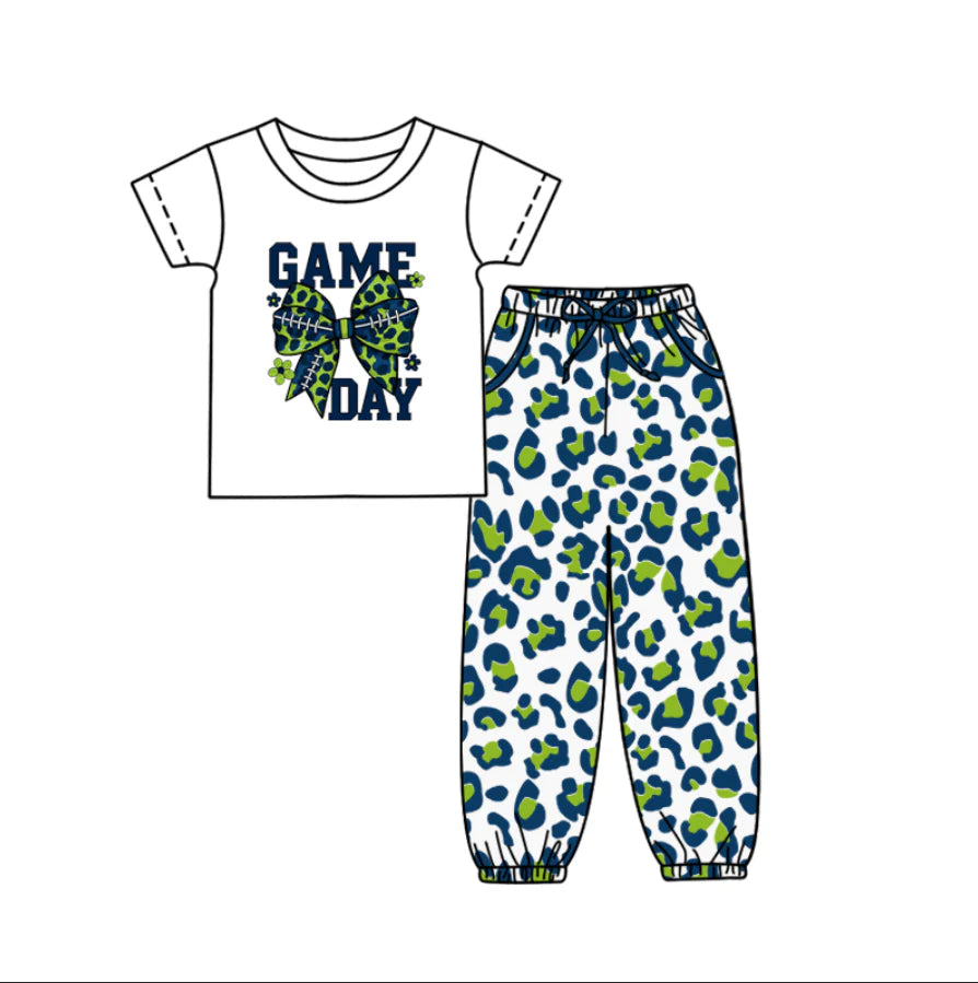 (Custom Design Preorder MOQ 5) Game Day Bow Top Navy Green Leopard Joggers Pants Girls Clothes Set