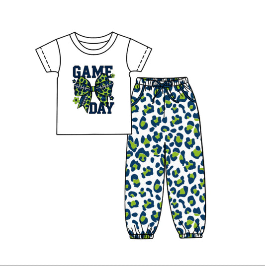 (Custom Design Preorder MOQ 5) Game Day Bow Top Navy Green Leopard Joggers Pants Girls Clothes Set