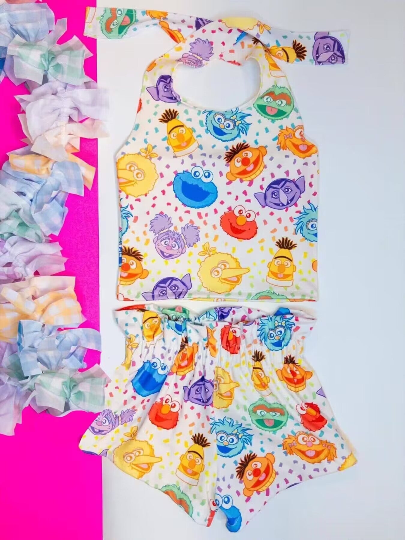 (Custom Design Preorder MOQ 5) Cartoon Monster Street Teacher Print Girls Summer Clothes Set