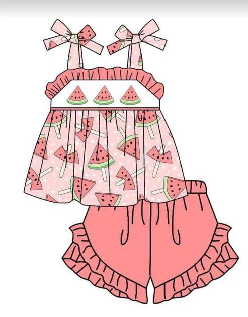 (Custom Design Preorder MOQ 5) Watermelon Print Girls Summer Clothes Set