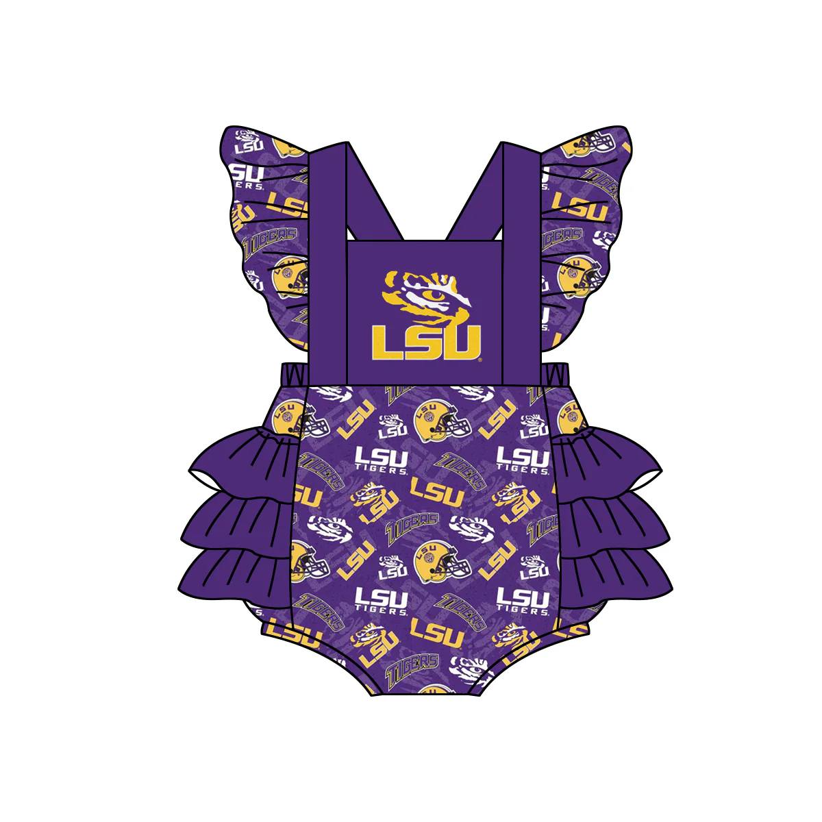 (Custom Design Preorder MOQ 5) Team's LSU Purple Print Baby Girls Summer Romper