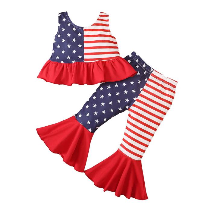 (Custom Design Preorder MOQ 5) Stars Red Stripes Print Bell Pants Girls 4th of July Clothes Set