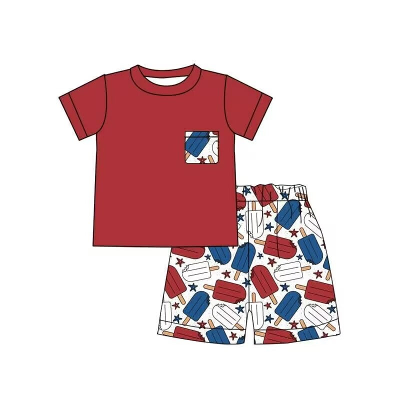(Custom Design Preorder MOQ 5) Red Pockets Top Popsicle Shorts Boys 4th of July Clothes Set