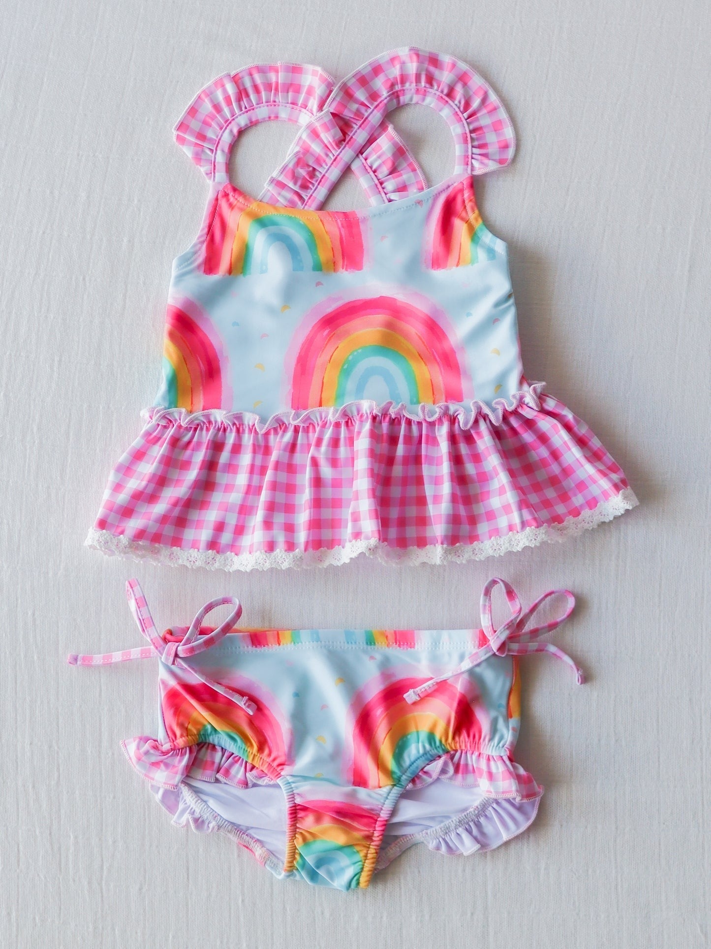 (Custom Design Preorder MOQ 5) Rainbow Pink Plaid Print Girls 2 Pieces Swimsuits
