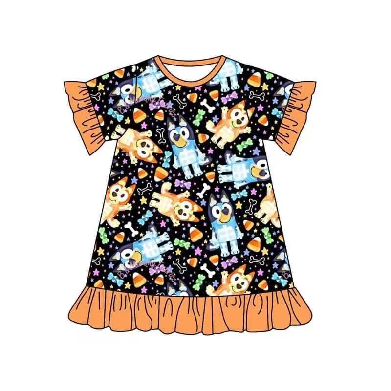 (Custom Design Preorder MOQ 5) Cartoon Dog Candy Print Girls Knee Length Halloween Dress