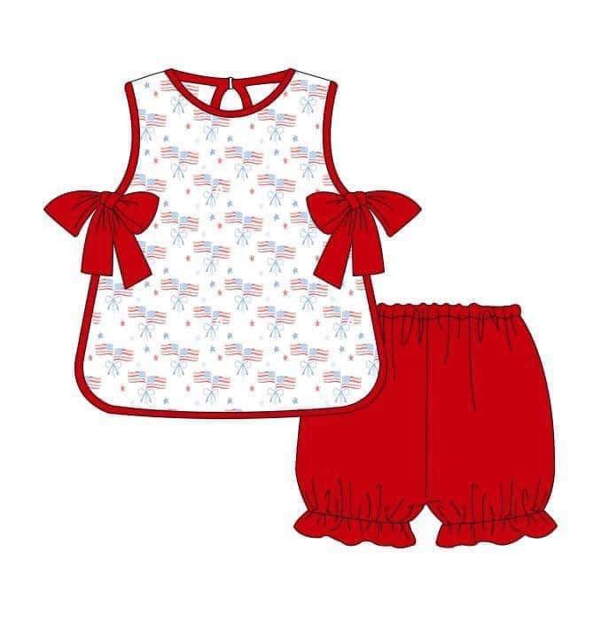 (Custom Design Preorder MOQ 5) Flags Print Girls 4th of July Clothes Set