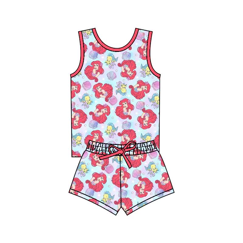 (Custom Design Preorder MOQ 5) Cartoon Mermaid Print Girls Summer Clothes Set