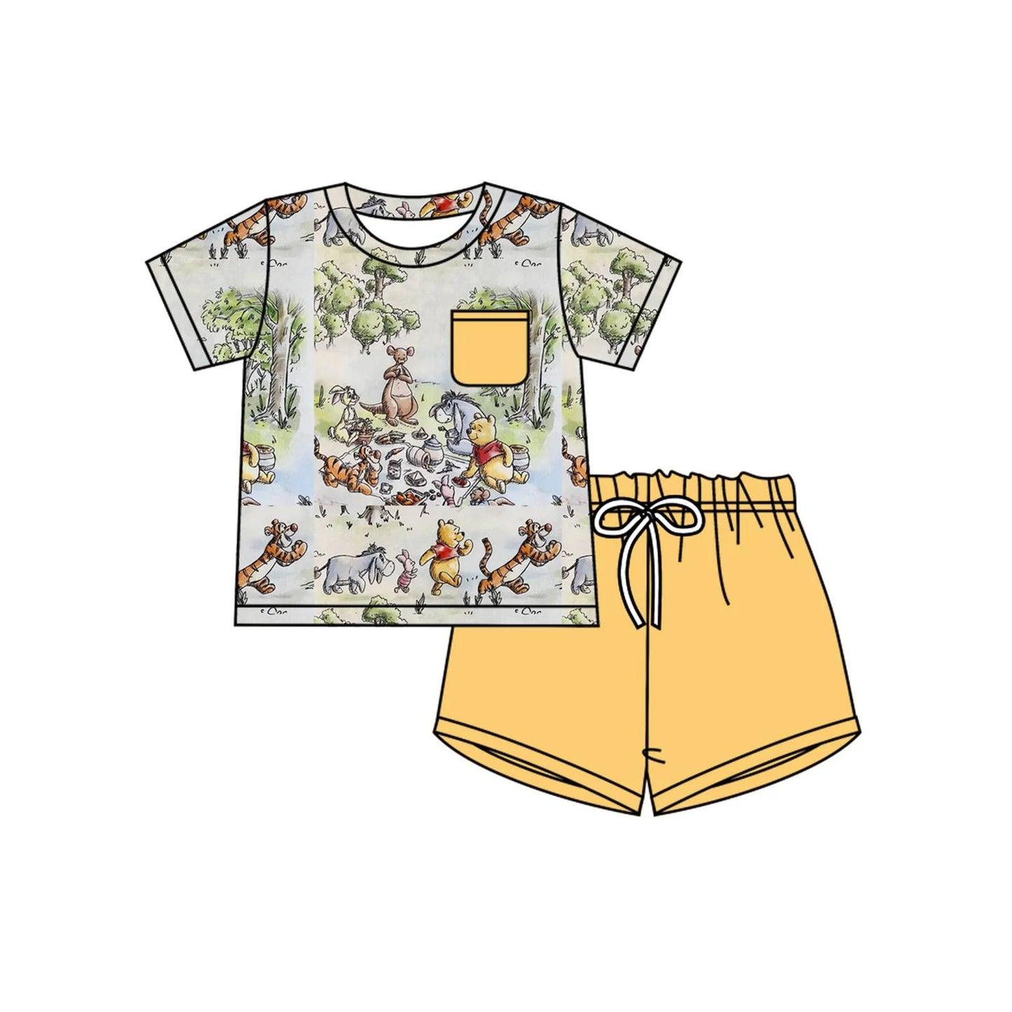 (Custom Design Preorder MOQ 5) Cartoon Bear Pocket Top Yellow Shorts Boys Summer Clothes Set