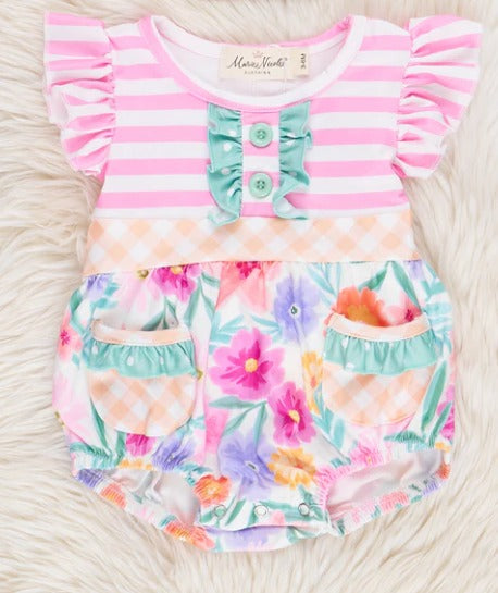 (Custom Design Preorder MOQ 5) Flowers Print Pockets Baby Girls Romper