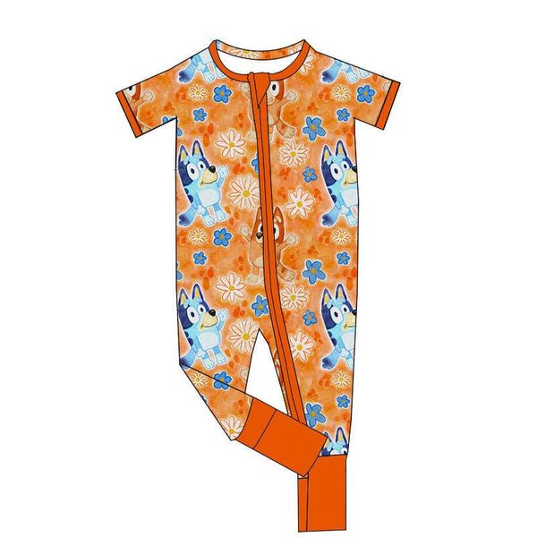 (Custom Design Preorder MOQ 5) Cartoon Dog Orange Flowers Print Baby Girls Zipper Romper