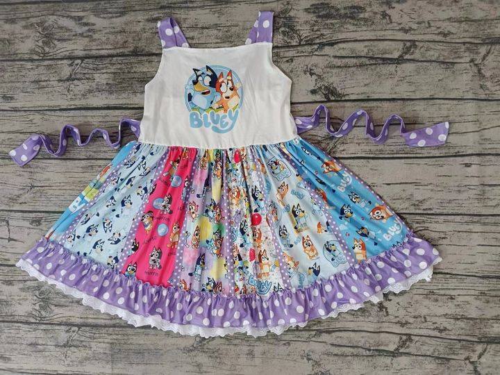 (Custom Design Preorder MOQ 5) Cartoon Dog Print Girls Knee Length Summer Dress