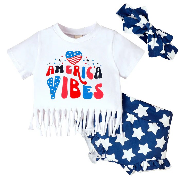 (Custom Design Preorder MOQ 5) America Vibes Stars Print Baby Girls 4th of July Bummie Sets