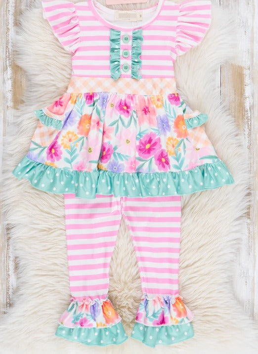 (Custom Design Preorder MOQ 5) Flowers Pockets Tunic Top Ruffle Pants Girls Clothes Set