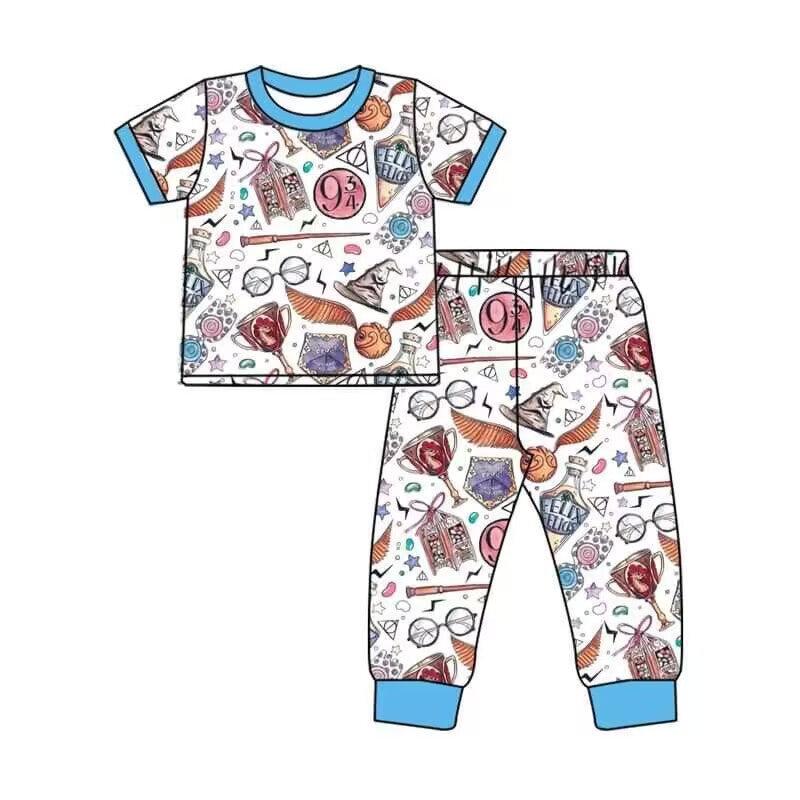 (Custom Design Preorder MOQ 5) Cartoon Magic Print Kids Pajamas Clothes Set