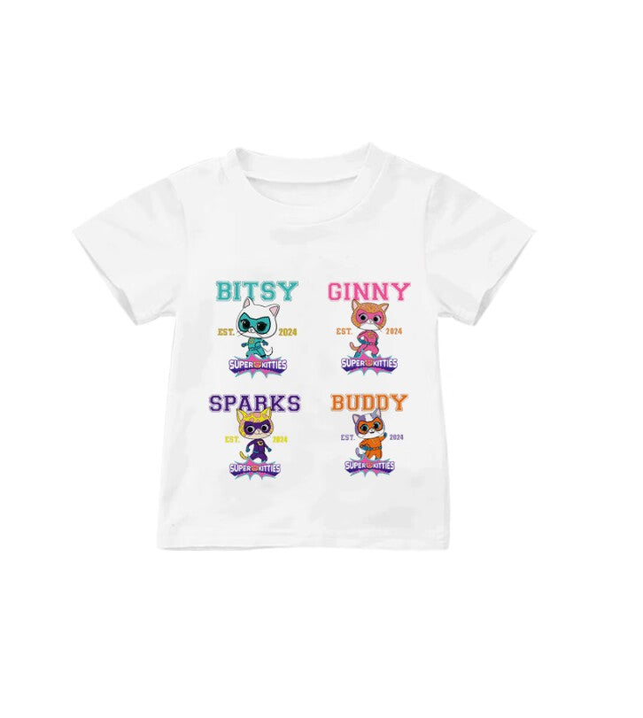 (Custom Design Preorder MOQ 5) Cartoon Cats Print Girls Summer Tee Shirts Top