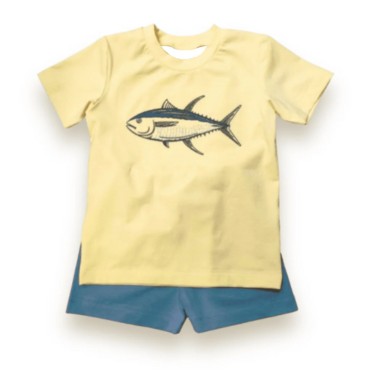 (Custom Design Preorder MOQ 5) Fish Yellow Top Blue Shorts Boys Summer Clothes Set