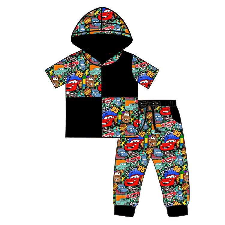 (Custom Design Preorder MOQ 5) Cartoon Cars Hoodie Top Pockets Pants Kids Clothes Set