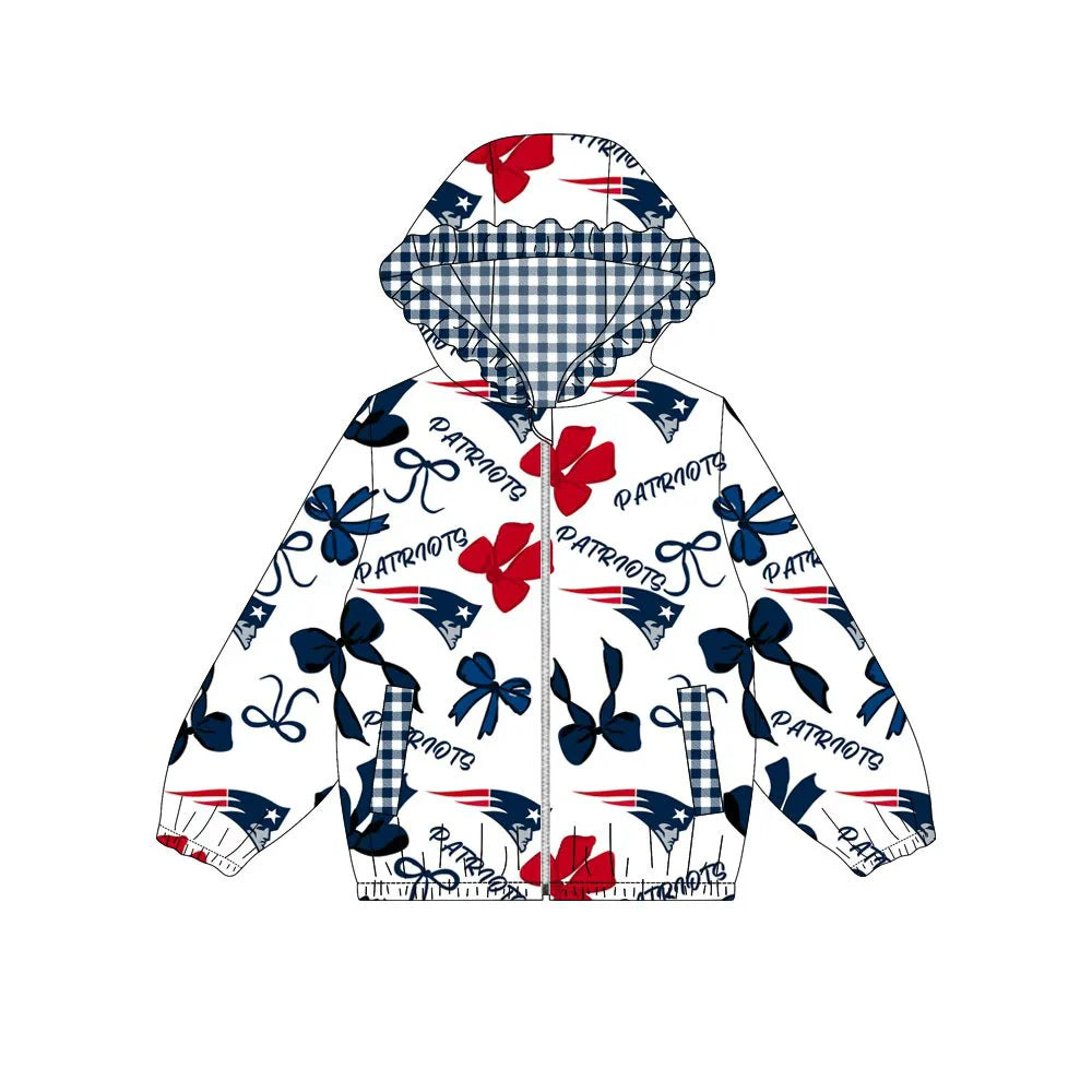 (Custom Design Preorder MOQ 5) Team's Patriots Bows Print Pockets Girls Long Sleeve Zipper Jackets Top