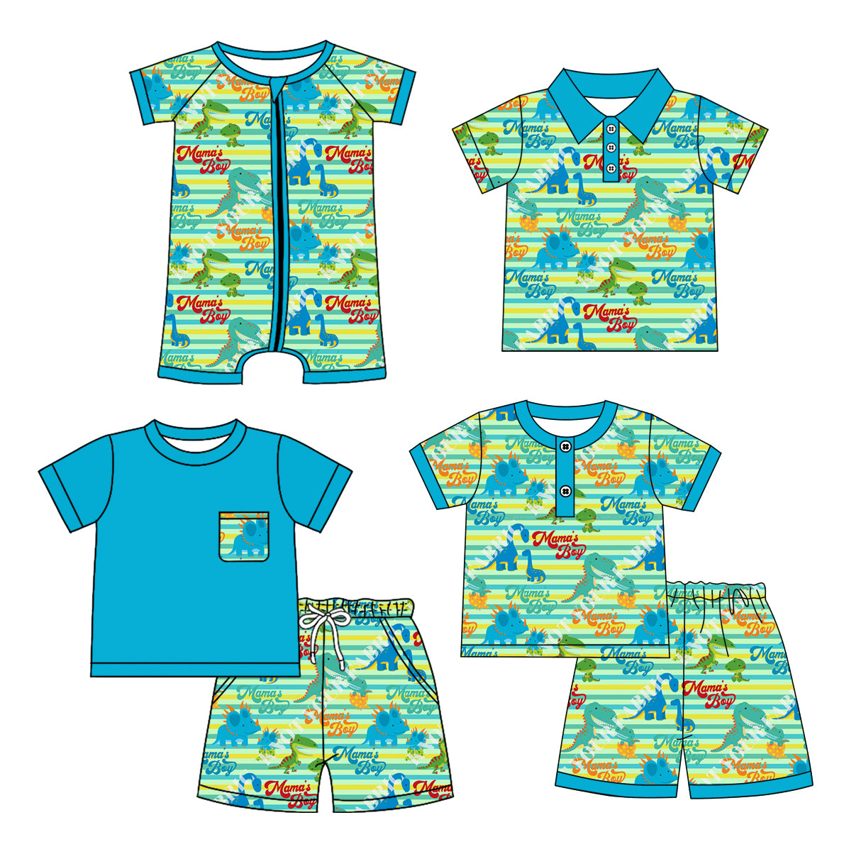 1.4(Custom Design Preorder MOQ 5 Each Design) Dino Blue Print Boys Summer Matching Clothes Brothers Wear