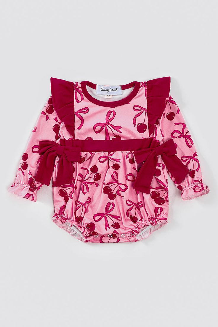 (Custom Design Preorder MOQ 5) Cherry Bows Print Baby Girls Romper