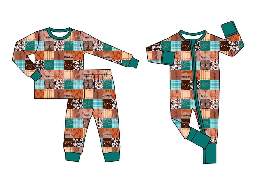 5.30(Custom Design Preorder MOQ 5 Each Design) Cowboy Cactus Plaid Print Kids Western Fall Pajamas Matching Clothes Brothers Wear