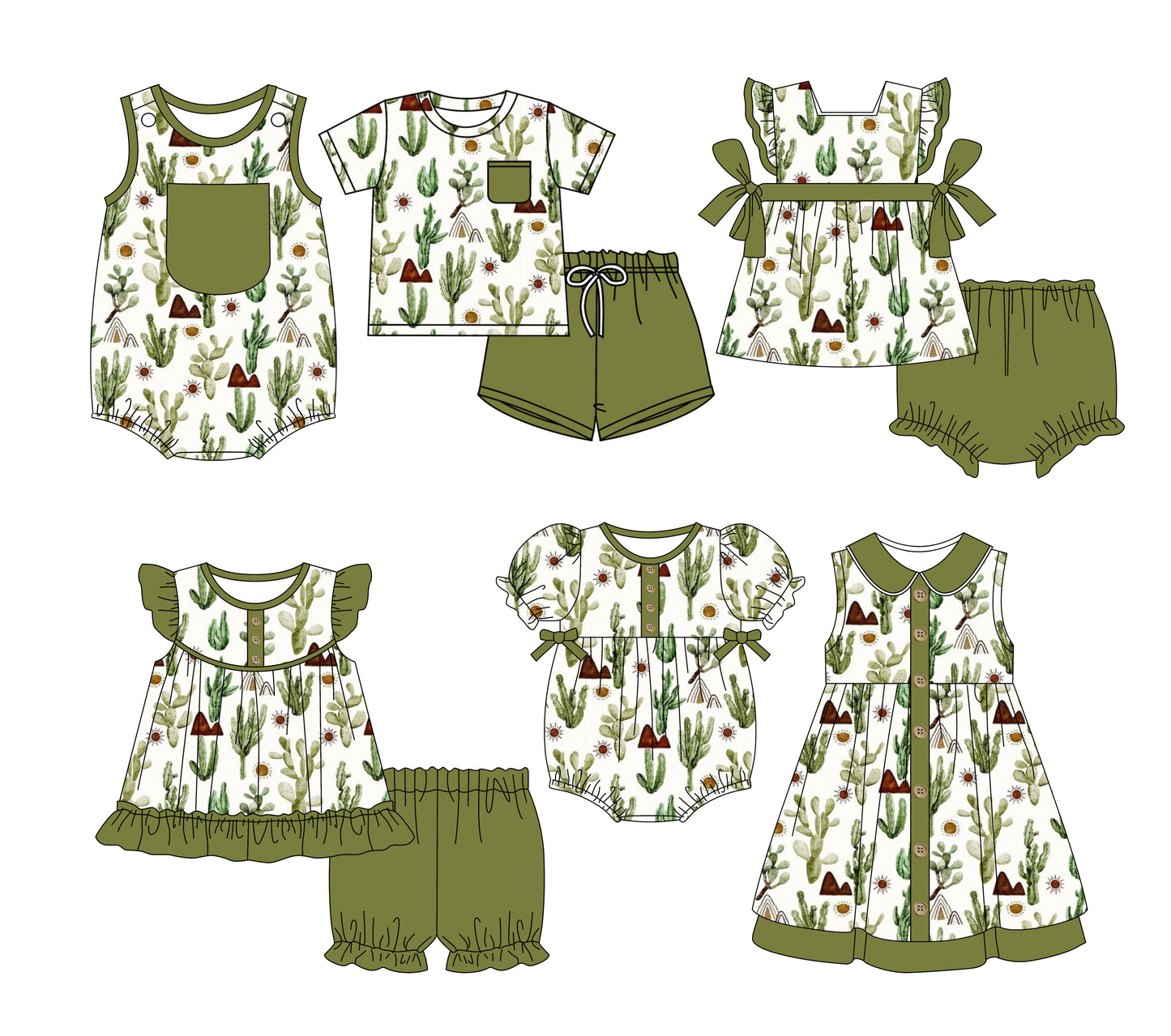 3.3(Custom Design Preorder MOQ 5 Each Design) Cactus Green Print Kids Summer Matching Clothes Sibling Wear
