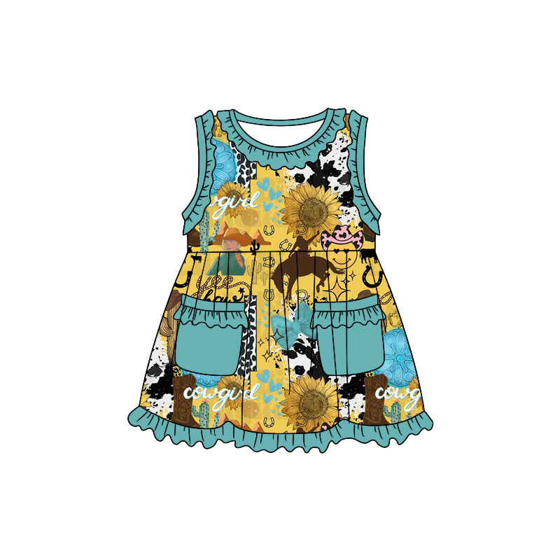 (Custom Design Preorder MOQ 5) Cowgirl Sunflowers Western Print Girls Knee Length Summer Dress