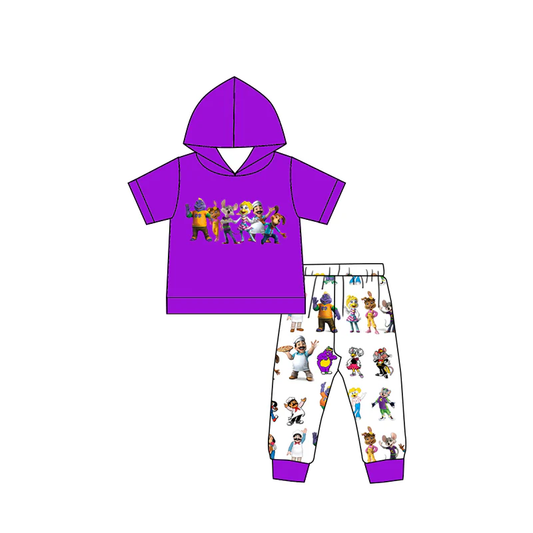 (Custom Design Preorder MOQ 5) Cartoon Characters Purple Hoodie Top Pants Girls Clothes Set