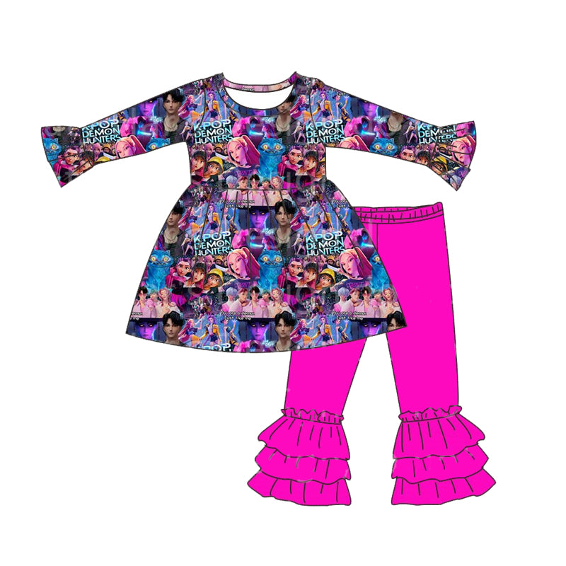 (Custom Design Preorder MOQ 5 Each Item) Cartoon KPOP Character Hot Pink Print Girls Matching Clothes