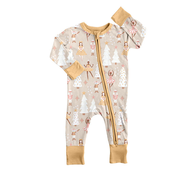 (Custom Design Preorder MOQ 5) Dancer Christmas Tree Print Baby Girls Sleeper Zipper Romper